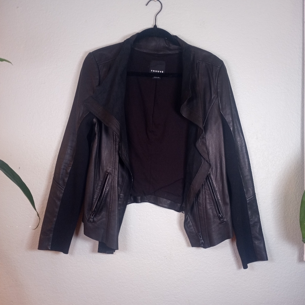 Trouve Leather Drapey Waterfall Zip Up Boho Moto Bikercore Lightweight Jacket